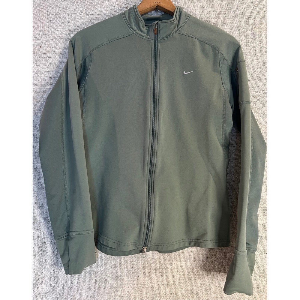 Nike Fit Dry Full Zip Running Jacket Olive Green Thumbholes Womens L 322390-301